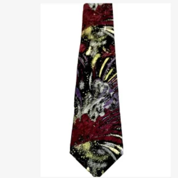 Langston's Men Tie Classic Cut Abstract Design 100% Silk Burgundy/Purple/Black - Picture 2 of 5
